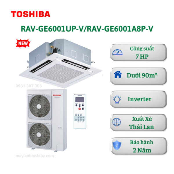 Máy lạnh Toshiba âm trần 3 pha RAV-GE6001UP-V/RAV-GE6001A8P-V Inverter 7HP 1 chiều 4 hướng thổi