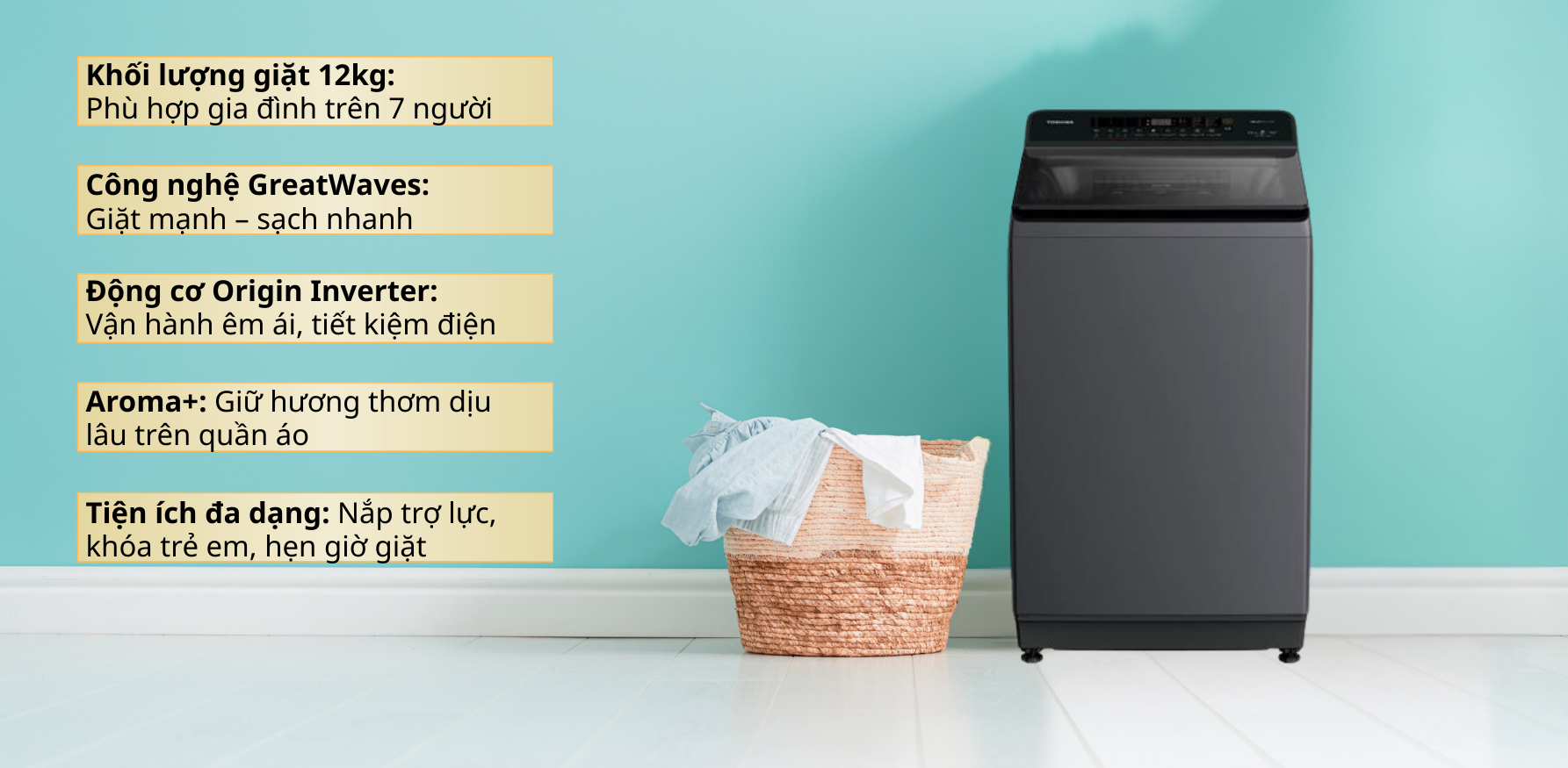 Đặc điểm nổi bật của máy giặt Toshiba Inverter 12kg AW-T26D1300TV(MG)