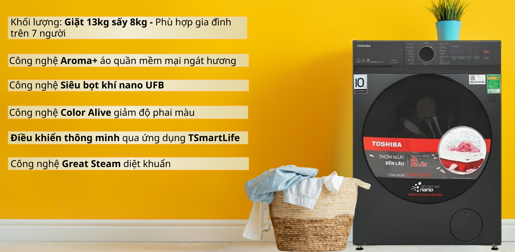 Tính năng nổi bật của máy giặt sấy Toshiba TWD-T21BU140UWV(MG) 13kg/8kg